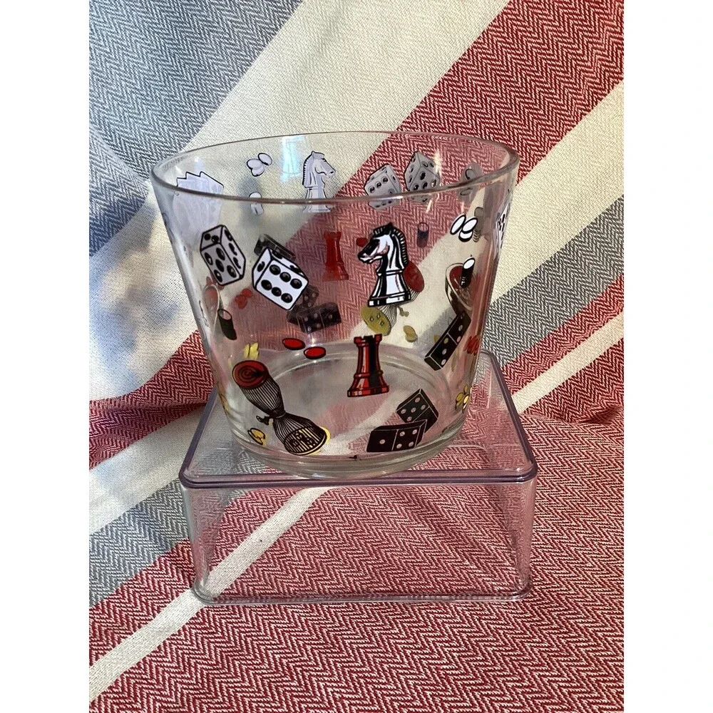 Hazel Atlas Vintage 1960’s Glass Ice Bucket Casino Cards Dice Poker Barware MCM